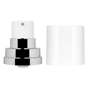 Bomba para Frasco airless Mythic 50-75-100 ml con Anillo metalizado uv plata brillante y tapón PP blanco brillante 