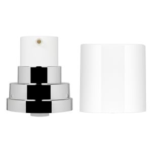 Pump for 50-75-100 ml Mythic Airless bottle with polished silver uv metallic ring and white glossy pp cover